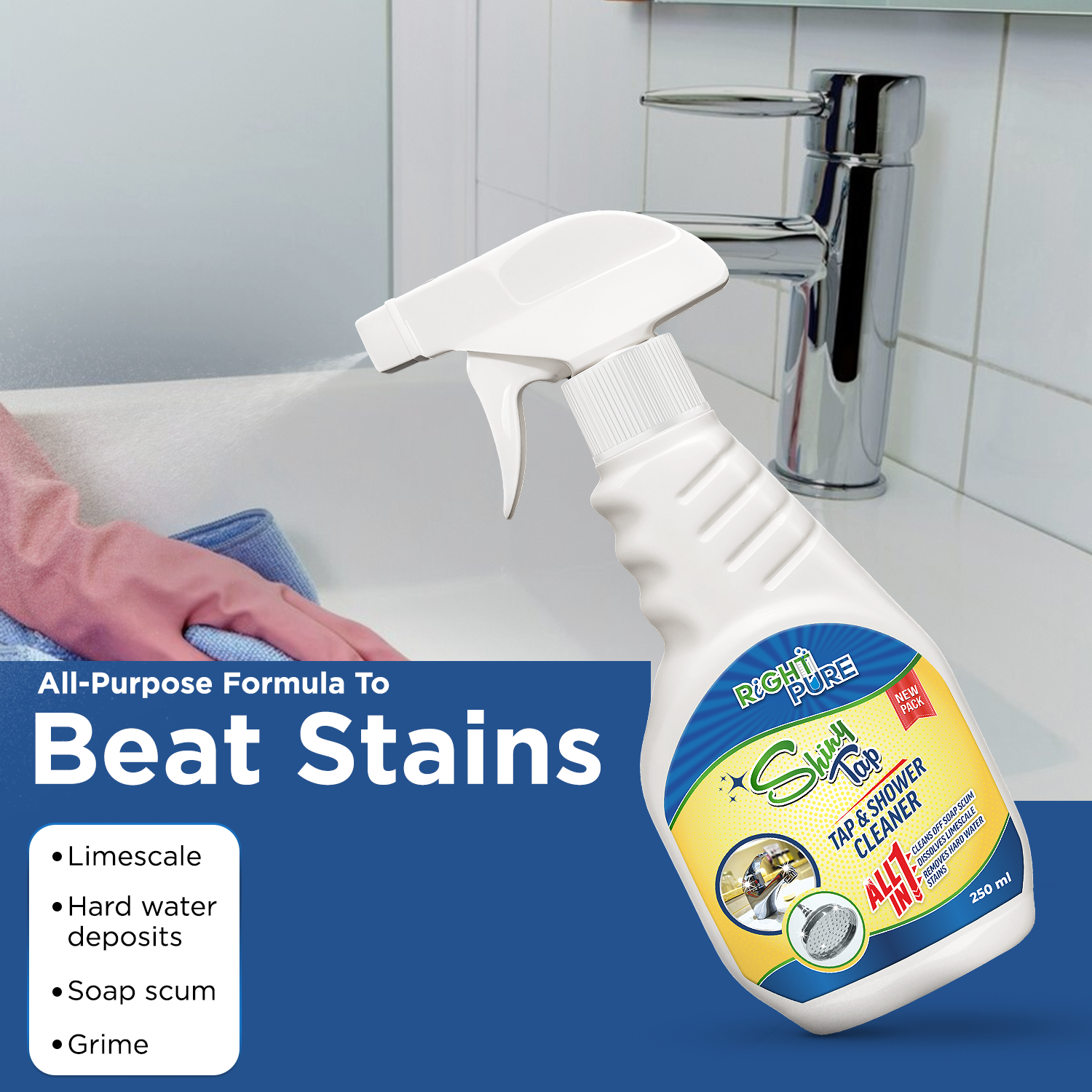 Tap & Shower Cleaner Spray | Removes Limescale, Hard Water Stains & Soap Scum | Highly Effective Formula for Sparkling Shine | Ideal for Chrome Glass Steel Porcelain Ceramic