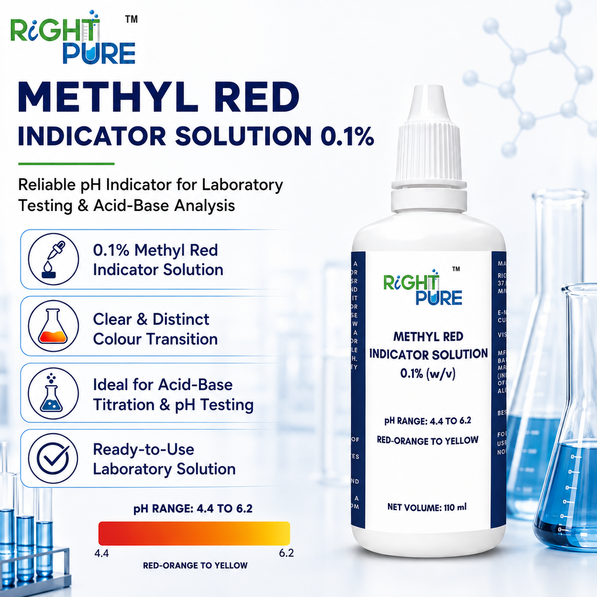 Methyl Red Indicator Solution 0.1% | Ready-to-Use Laboratory pH Indicator | Acid-Base Titration, Analytical Chemistry & Educational Experiments