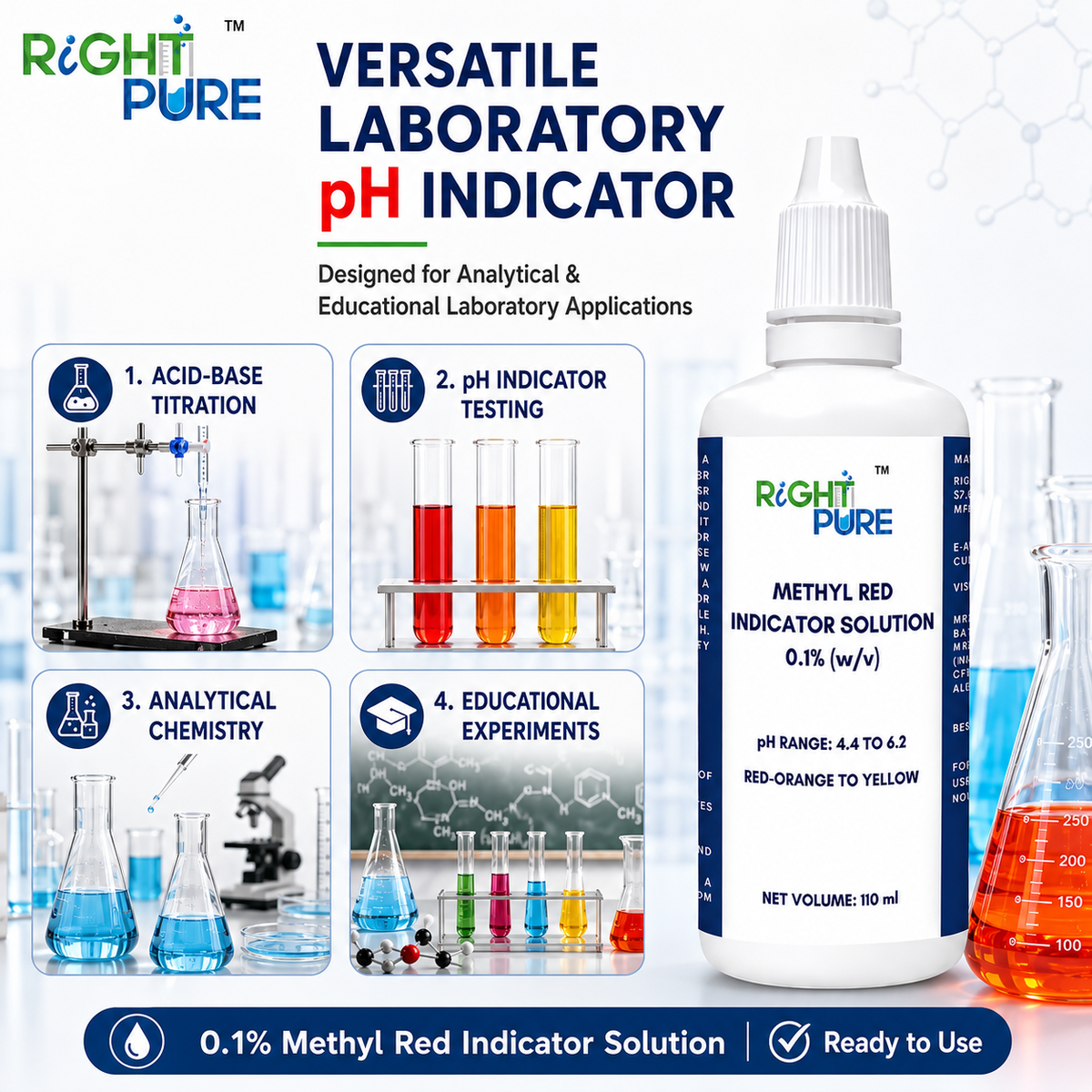 Methyl Red Indicator Solution 0.1% | Ready-to-Use Laboratory pH Indicator | Acid-Base Titration, Analytical Chemistry & Educational Experiments