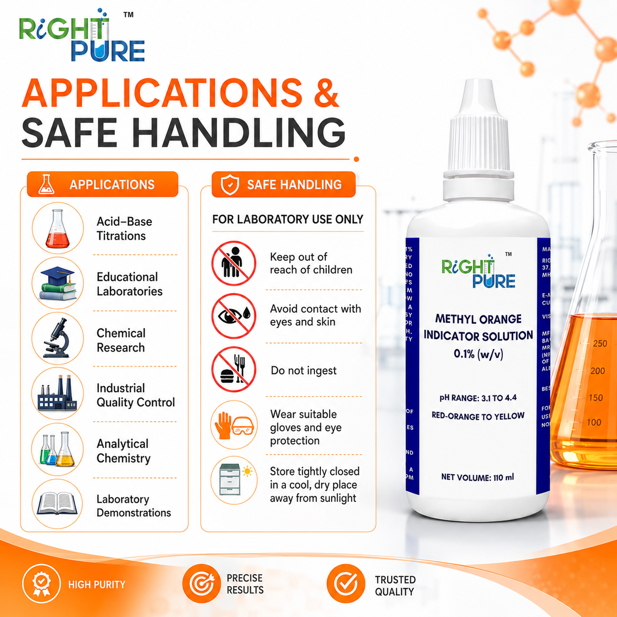 Methyl Orange Indicator Solution 0.1% | Laboratory Grade pH Indicator for Acid-Base Titrations, Analytical Chemistry, Educational & Research Laboratories