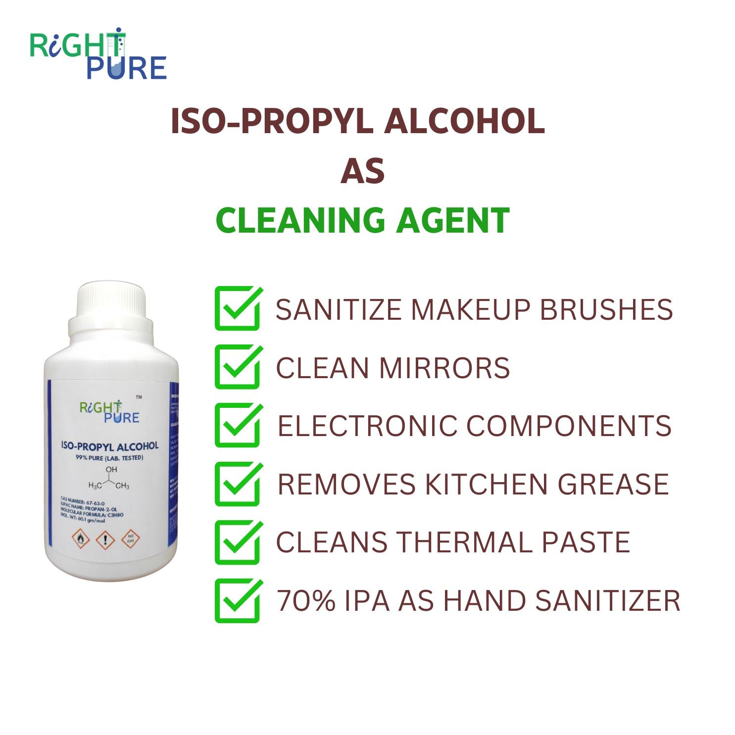 ipa iso propyl alcohol is used to clean, de-grease, sanitize equipment, tools