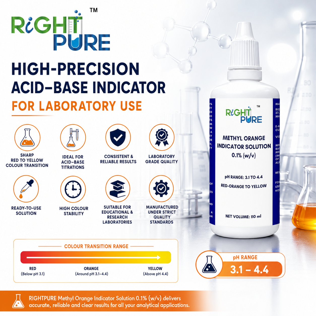 Methyl Orange Indicator Solution 0.1% | Laboratory Grade pH Indicator for Acid-Base Titrations, Analytical Chemistry, Educational & Research Laboratories